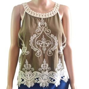 Ultra Pink Khaki Lace Embellished Tank Top
